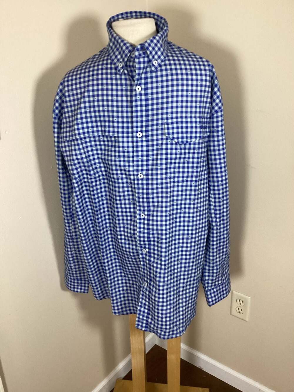Huk Tide Point Long Sleeve Gingham Fishing Shirt Blue White Size XL